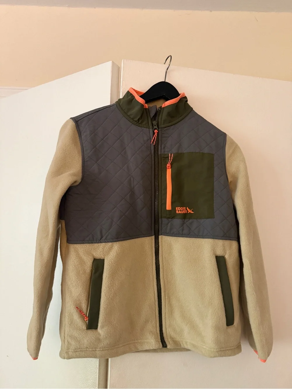 Eddie Bauer Beige Fleece Jacket with Olive and Gray Panels